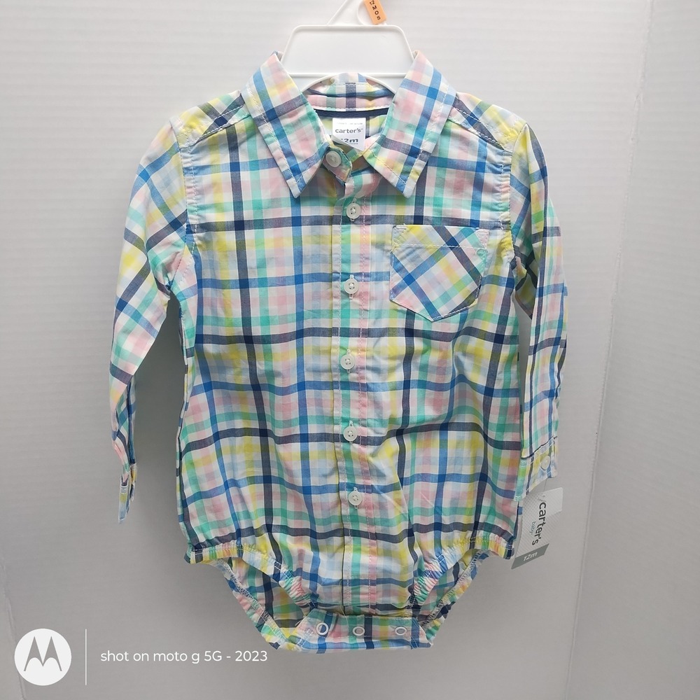 Carters Baby Boys Plaid Button Down Bodysuit Multi Color Long Sleeve 12M NWT